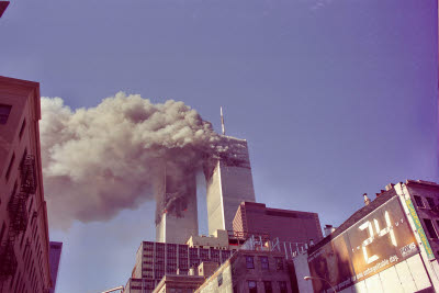 Both towers burning from Church and Chambers