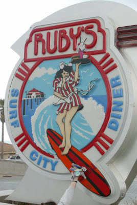 Sue and Anteater at Ruby's Sign in Huntington Beach