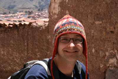 Mark trying on a hat in Cuzco, Peru