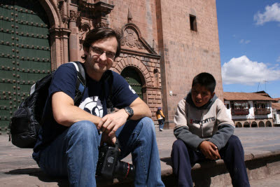 Mark makes friends in the Plaza de Armas, Cuzco, Peru