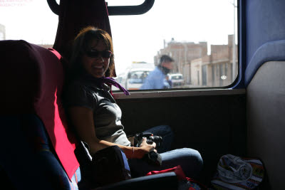 Amynah on the bus between Puno and Arequipa