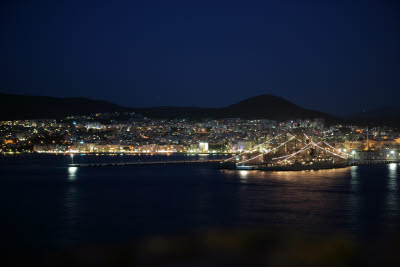 Kusadasi, Turkey at night w/Naval Ships