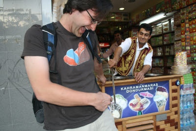 Turkish Ice Cream Vendor putting on a show